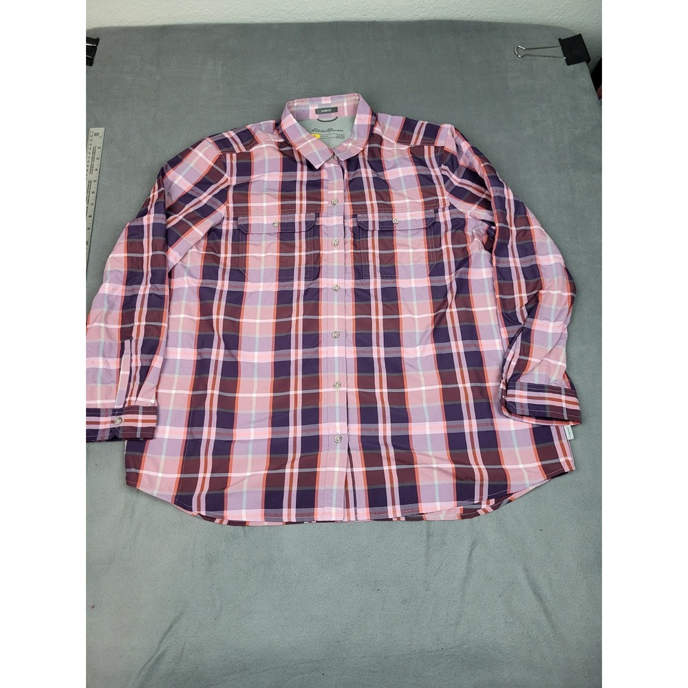 Eddie Bauer Travex Shirt Womens XL Pink Plaid‎ Lightweight Outdoor Classic Camp